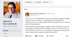 Maurizio Buccarella (M5s) su Facebook: "A Lecce molti ragazzi hanno venduto il voto"Maurizio Buccarella (M5s) su Facebook: "A Lecce molti ragazzi hanno venduto il voto"