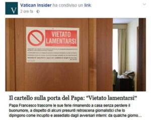 Papa mette cartello "Vietato lamentarsi" in Vaticano: ecco chi glielo ha regalato