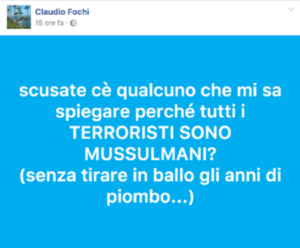 Claudio Fochi, capogruppo M5S Ferrara: "Perché tutti i terroristi sono musulmani?"