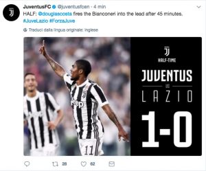 Juventus-Lazio 1-0 diretta, highlights: Douglas Costa video gol