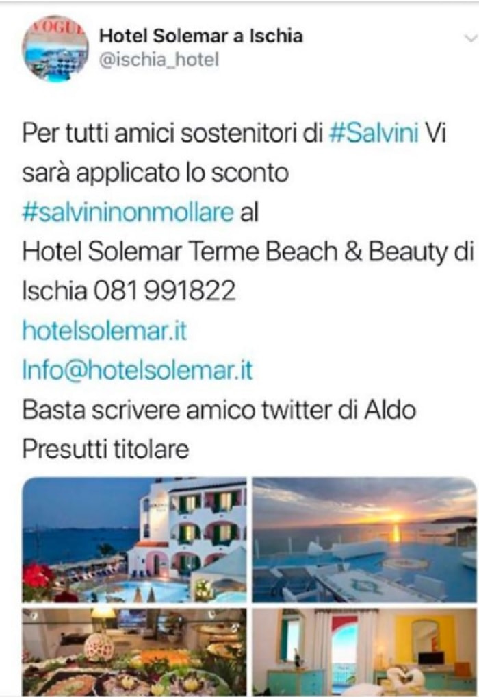 Ischia, hotel offre sconto sostenitori salvini 