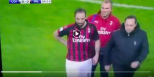 Udinese-Milan, Higuain esce per infortunio (VIDEO) a una settimana dalla Juventus: la reazione dei social