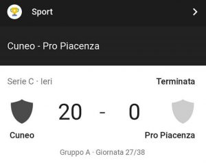 Pro Piacenza escluso dalla Serie C dopo il vergognoso 20-0 di Cuneo