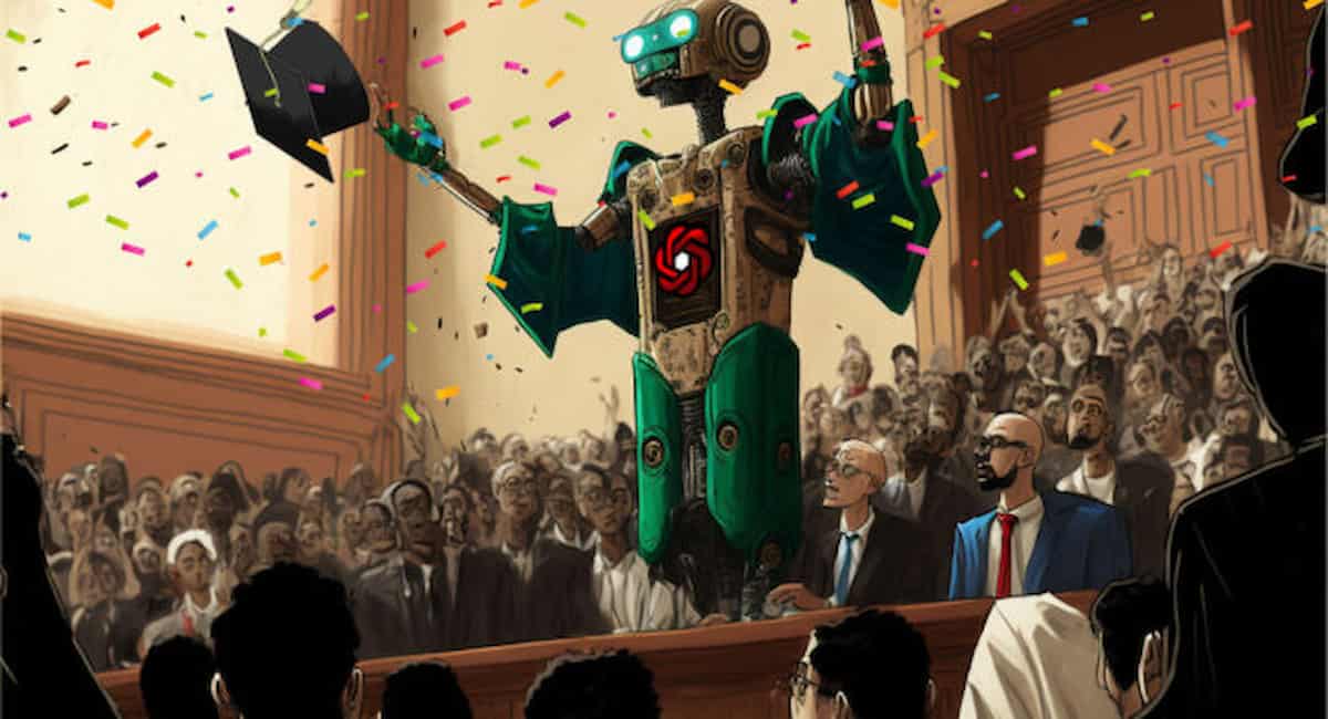 Un robot in camicia verde si laurea in università