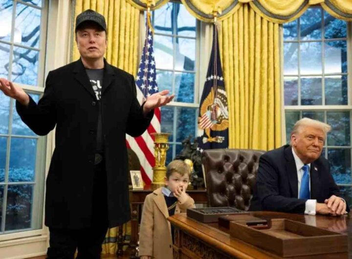 Elon Musk con il filgio e Donald Trump
