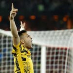 L'attaccante e capitano dell'Inter Lautaro Martinez che esulta dopo un gol