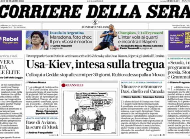 Il Corriere della Sera, la prima pagina di oggi