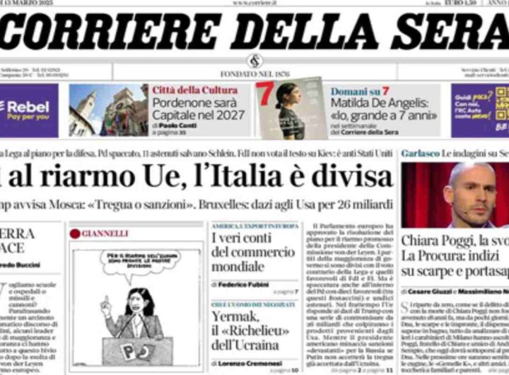 Il Corriere della Sera, la prima pagina di oggi