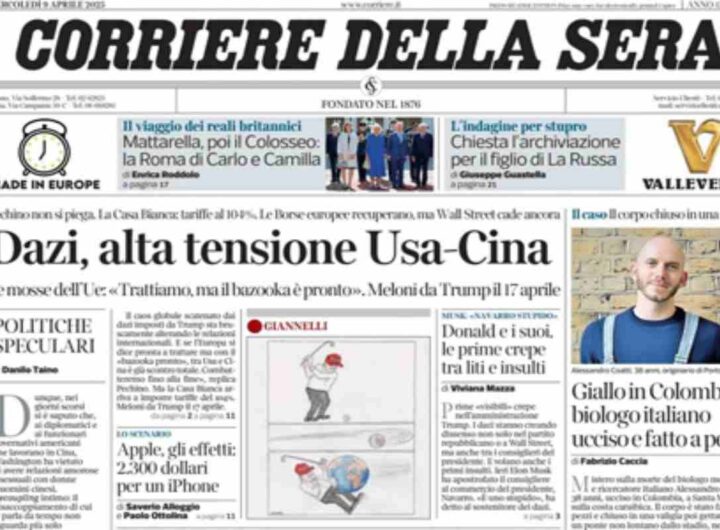 Il Corriere della Sera, la prima pagina di oggi