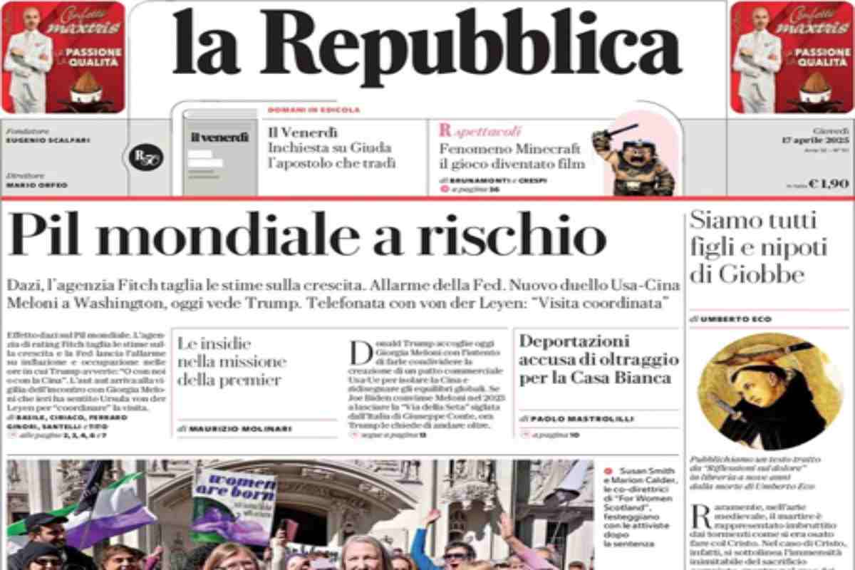 L’EDICOLA, Repubblica: “Pil mondiale a rischio”. La Stampa: “Il piano Meloni-Von der Leyen”. Libero: “Migranti, euroschiaffo alla sinistra”
