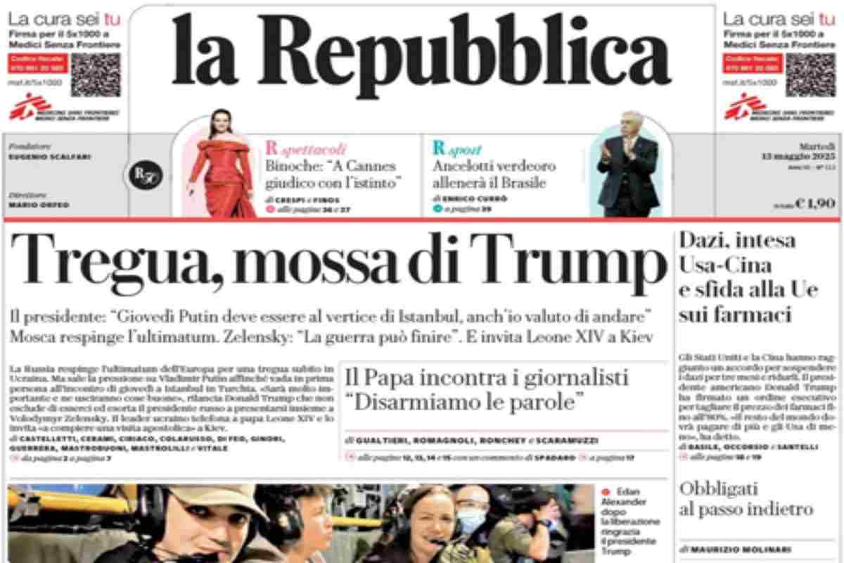 L’EDICOLA, Repubblica: “Tregua, mossa di Trump”. La Stampa: “Trump convoca Putin e Zelensky”. La Verità: “Il Papa disarma i giornalisti con l’elmetto”