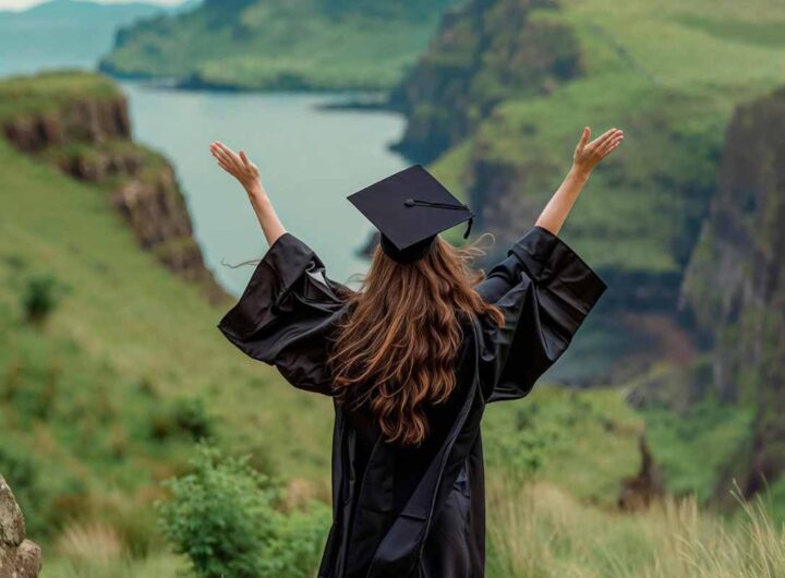 Ragazza laureata con le braccia aperte di fronte a un paesaggio