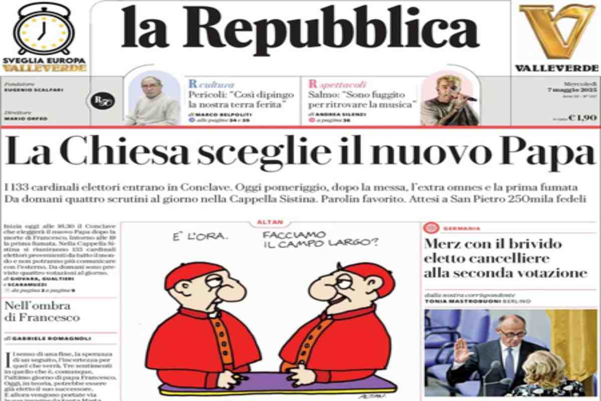 L’EDICOLA, Repubblica: “La Chiesa sceglie il nuovo Papa”. La Stampa: “I giorni del Giudizio”. Libero: “Fumata nera per Merz”