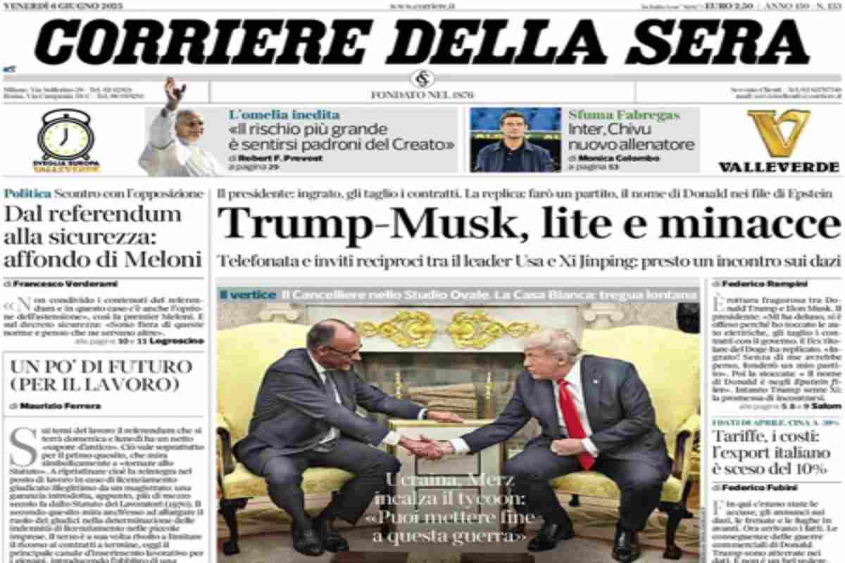 L’EDICOLA, Il Corriere: “Trump-Musk, lite e minacce”. La Stampa: “Referendum, Meloni frena. Schlein: deve vergognarsi”. Libero: “Il boia mafioso è fuori. È davvero giustizia?”
