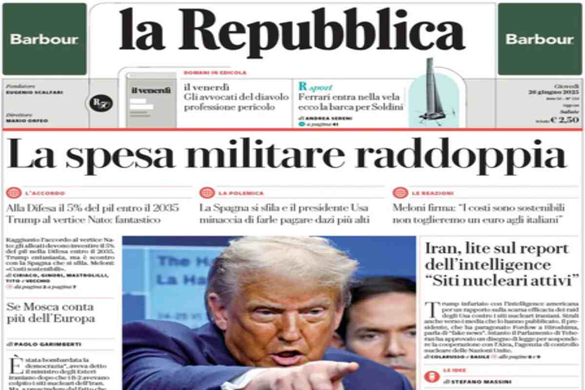 L’EDICOLA, Il Corriere: “Sì alle spese Nato, show di Trump”. Repubblica: “La spesa militare raddoppia”. Il Fatto: “Meloni si inchina al 5%: 700 miliardi in 10 anni”