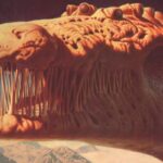 Particolare della copertina di Cultosaurus Erectus dei Blue Oyster Cult, con la faccia in primo piano di una creatura aliena simile a un dinosauro