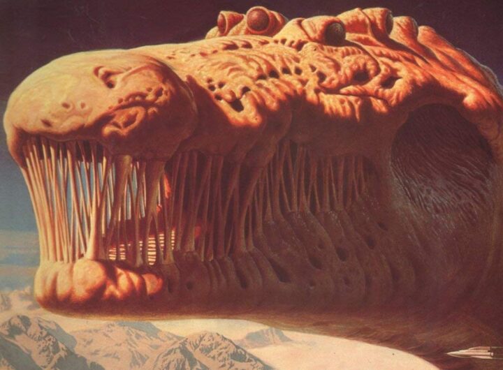 Particolare della copertina di Cultosaurus Erectus dei Blue Oyster Cult, con la faccia in primo piano di una creatura aliena simile a un dinosauro