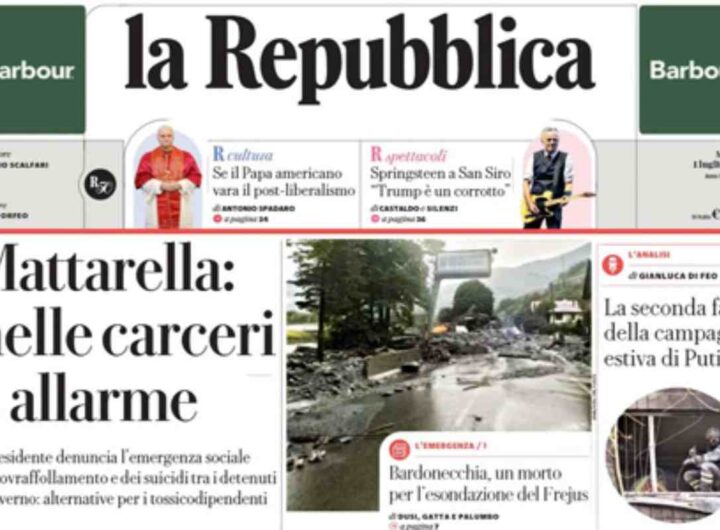 La Repubblica, la prima pagina di oggi