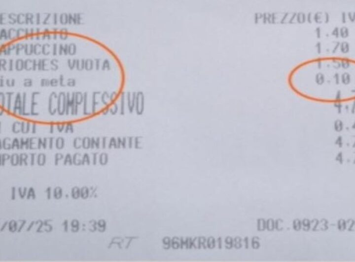 Lo scontrino del bar di Treviso con i 10 centesimi in più