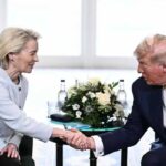 I dazi dividono l’Europa, l’Unione fa la forza, Macron lo scorda (e Conte in Italia a sinistra) Nella foto Von der Leyen e Trump
