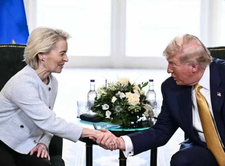 I dazi dividono l’Europa, l’Unione fa la forza, Macron lo scorda (e Conte in Italia a sinistra) Nella foto Von der Leyen e Trump