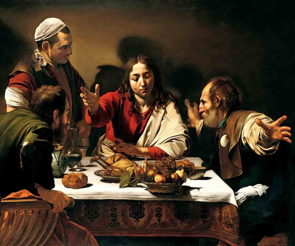 Gesù disse: “Guardate la povera vecchia e il samaritano, prendete esempio da loro”, nel dipinto di caravaggio Gesù alla cena in emmaus