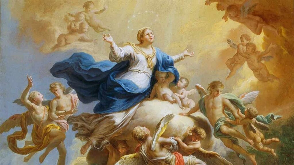 Ferragosto, festa di Augusto, Maria in cielo come Gesù, Mosè, Elia, il destino dei profeti, nella foto Martin Knoller, Assunzione della Beata Vergine al cielo (particolare), olio su tela, ante 1788 - ca 1788