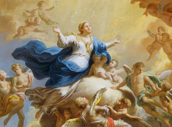 Ferragosto, festa di Augusto, Maria in cielo come Gesù, Mosè, Elia, il destino dei profeti, nella foto Martin Knoller, Assunzione della Beata Vergine al cielo (particolare), olio su tela, ante 1788 - ca 1788
