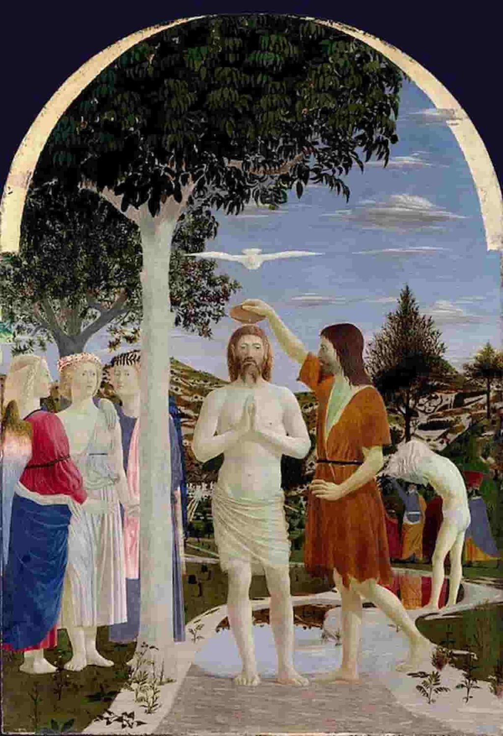 Gesù disse: “Guardate la povera vecchia e il samaritano, prendete esempio da loro”, nella immagine il battesimo di Piero della Francesca