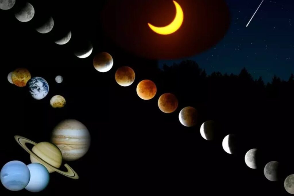 La luna nelle sue varie fasi con Saturmo e altri pianeti