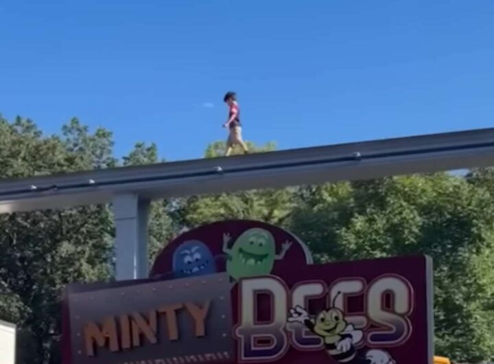 Bambino cammina sulla monorotaia di un parco divertimenti