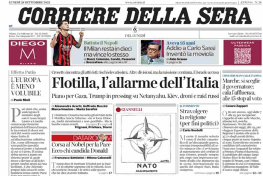Il Corriere della Sera, la prima pagina di oggi