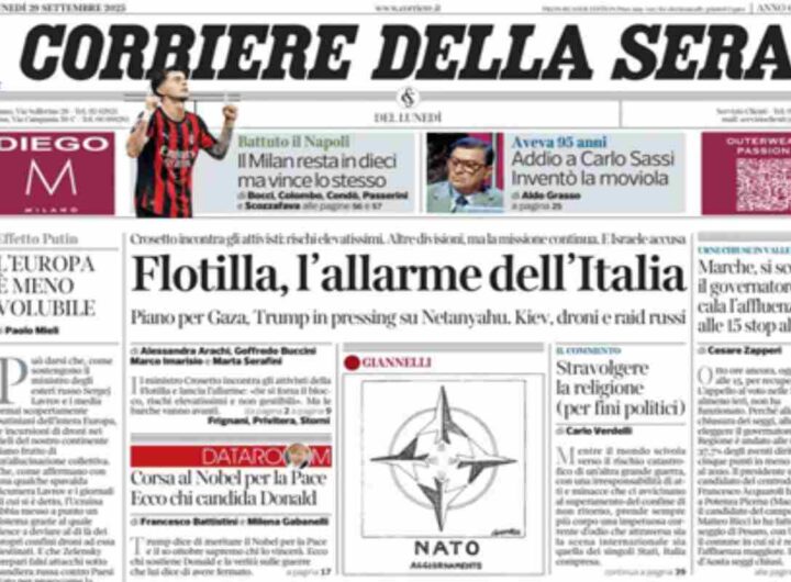 Il Corriere della Sera, la prima pagina di oggi