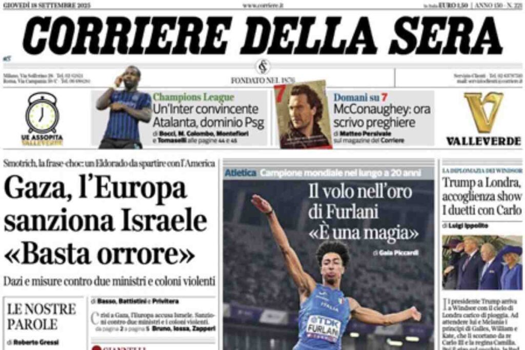 Il Corriere della Sera, la prima pagina di oggi