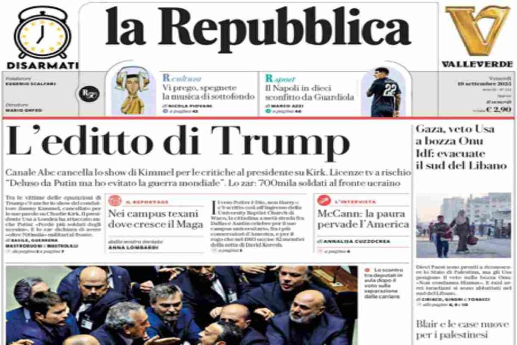 Repubblica, la prima pagina di oggi