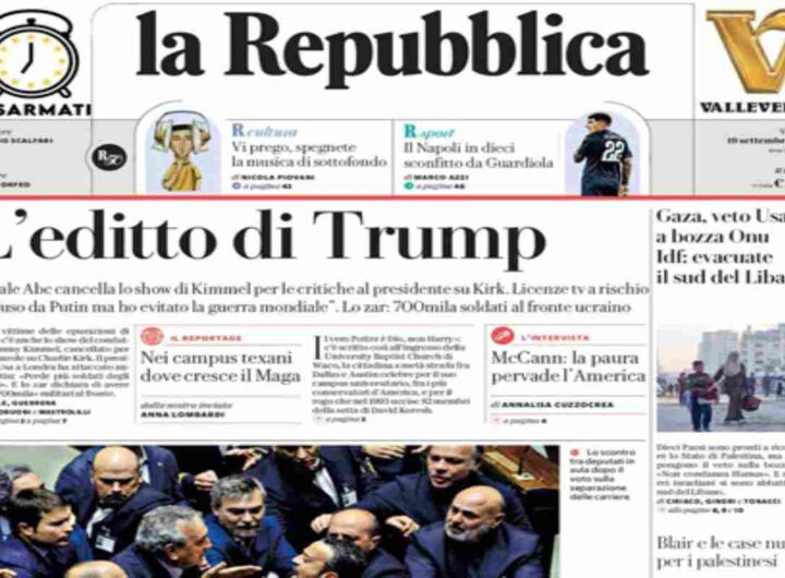 Repubblica, la prima pagina di oggi