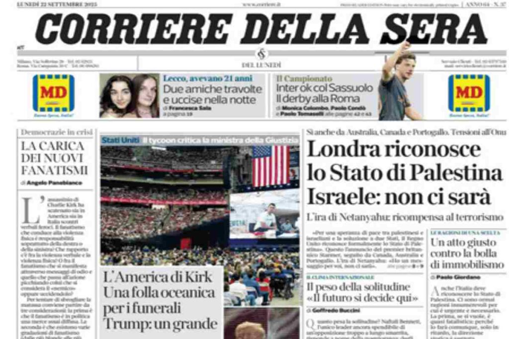 Il Corriere della Sera, la prima pagina di oggi