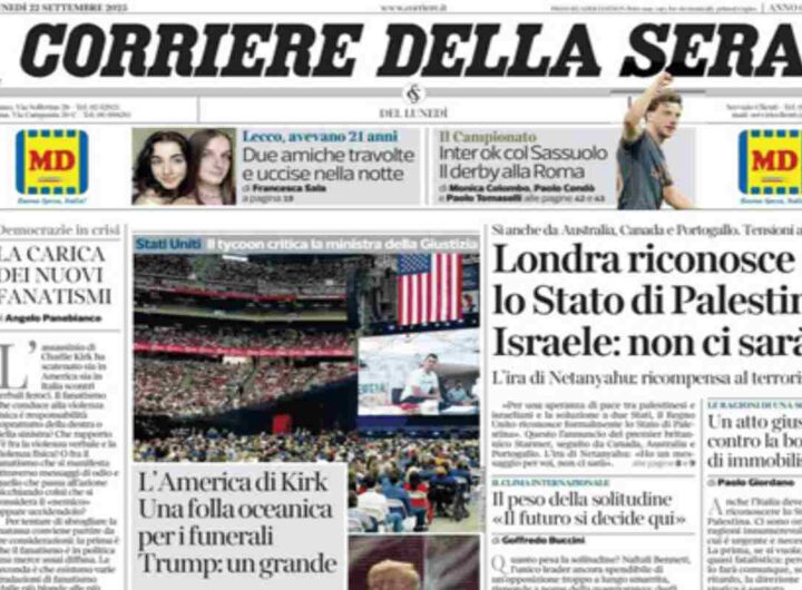 Il Corriere della Sera, la prima pagina di oggi