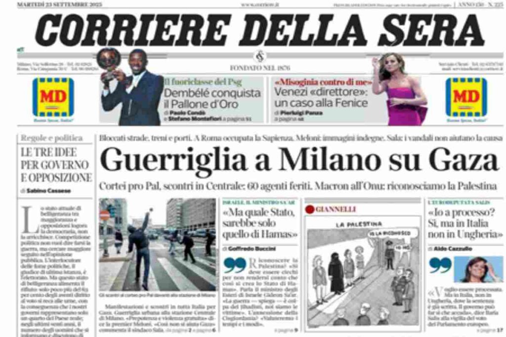 Il Corriere della Sera, la prima pagina di oggi