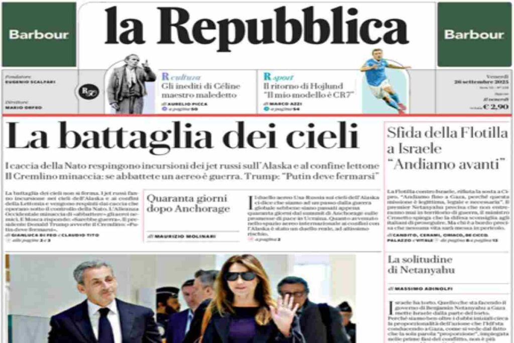 Repubblica, la prima pagina di oggi