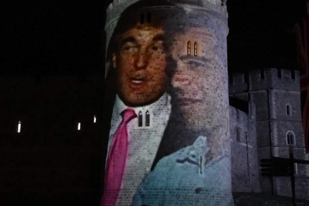 Immagini Trump con Epstein proiettate sul castello di Windsor