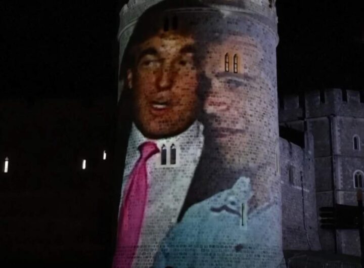 Immagini Trump con Epstein proiettate sul castello di Windsor