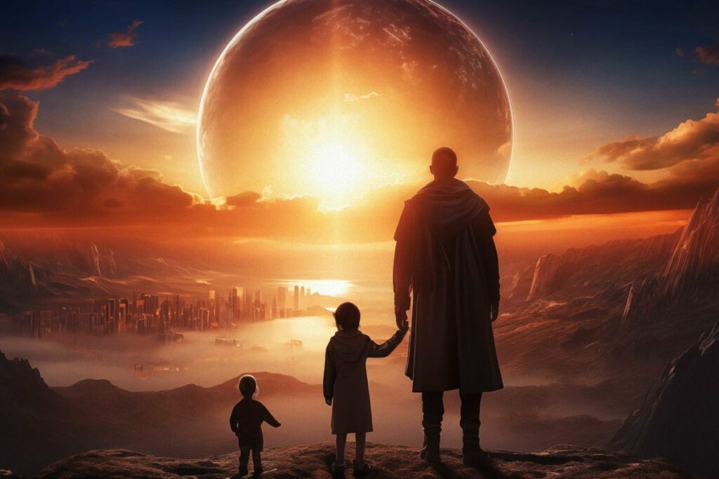 Particolare dalla copertina di Five Steps on the Sun, con un vecchio e due bambini che guardano un cielo rosso con un'enorme astro all'orizzonte, in uno scenario fantascientifico che fa pensare a un altro pianeta nel cosmo