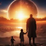 Particolare dalla copertina di Five Steps on the Sun, con un vecchio e due bambini che guardano un cielo rosso con un'enorme astro all'orizzonte, in uno scenario fantascientifico che fa pensare a un altro pianeta nel cosmo