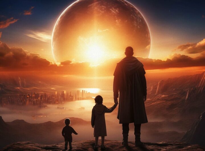 Particolare dalla copertina di Five Steps on the Sun, con un vecchio e due bambini che guardano un cielo rosso con un'enorme astro all'orizzonte, in uno scenario fantascientifico che fa pensare a un altro pianeta nel cosmo