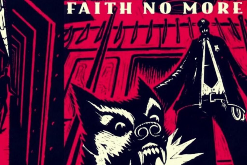 Particolare della copertina di King for a Day... Fool for a Lifetime dei Faith No More, con il disegno di un poliziotto con un cane rabbioso al giunzaglio, su uno sfondo tinto di rosso