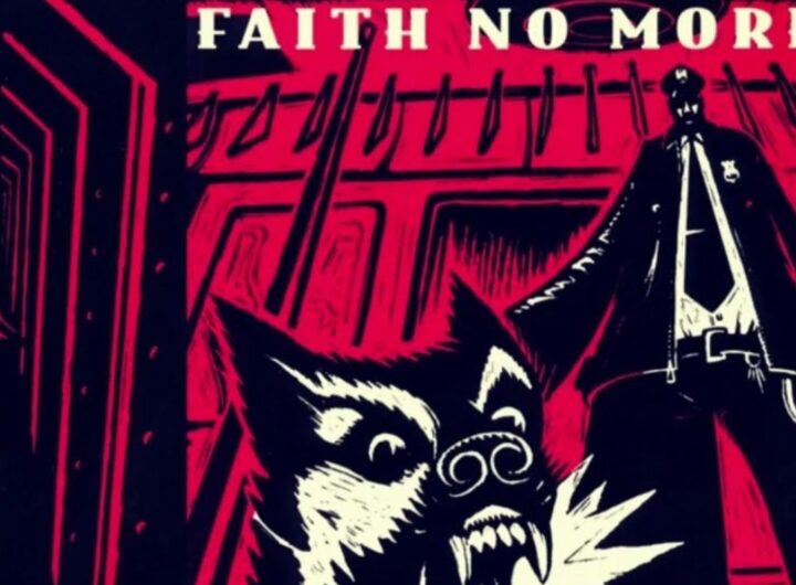 Particolare della copertina di King for a Day... Fool for a Lifetime dei Faith No More, con il disegno di un poliziotto con un cane rabbioso al giunzaglio, su uno sfondo tinto di rosso