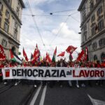 Litigano tutti, a sinistra Schlein, Conte, Landini, in chiesa Zuppi e Burke (che dice Messa in latino), nella foto la manifestazione nazionale della Cgil a Roma