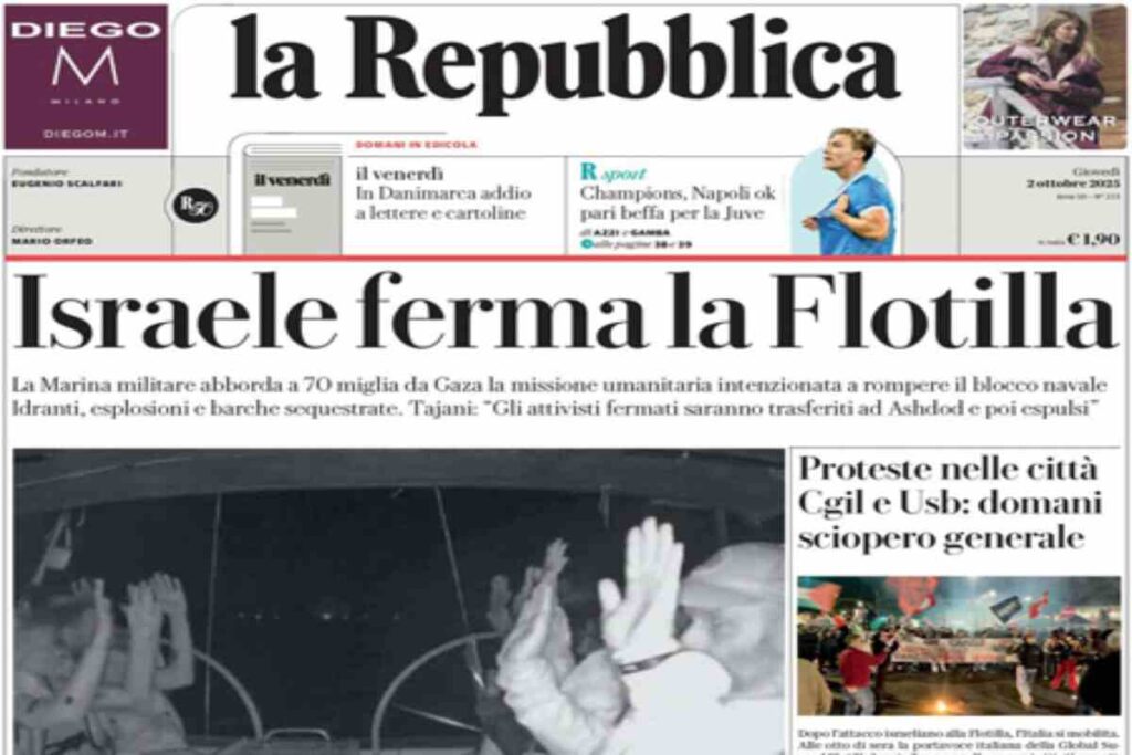 Repubblica, la prima pagina di oggi