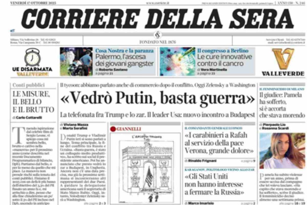 Il Corriere della Sera, la prima pagina di oggi